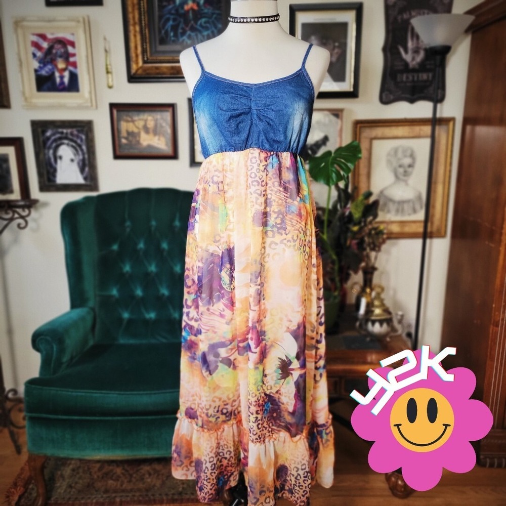 B with U Denim Dress Vintage Y2K Animal Print Maxi 2000s Boho Cheetah Small S